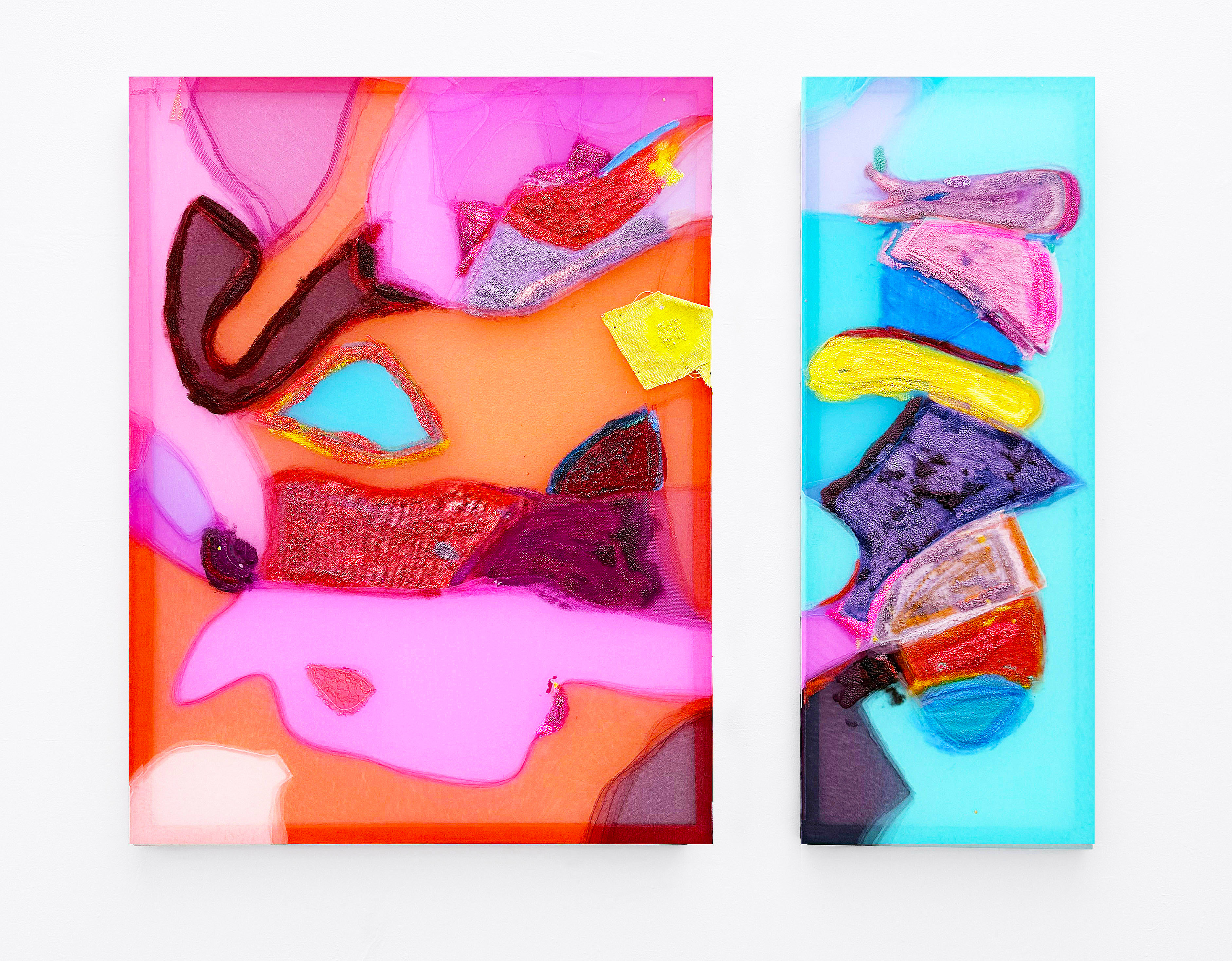 Vada I and Vada II, two mixed-media panels installed side by side